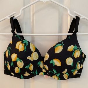 PINK Black & Lemons Everywhere Push Up Bra‎ 34D Back Closure Awesome Condition